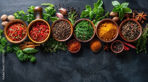 The diverse assortment of spices and herbs from various corners of the globe is showcased in the innovative emblem of global cuisine