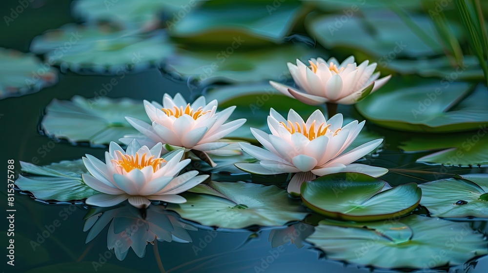 The serene lake is adorned with a cluster of water lilies, encircled by lush green foliage
