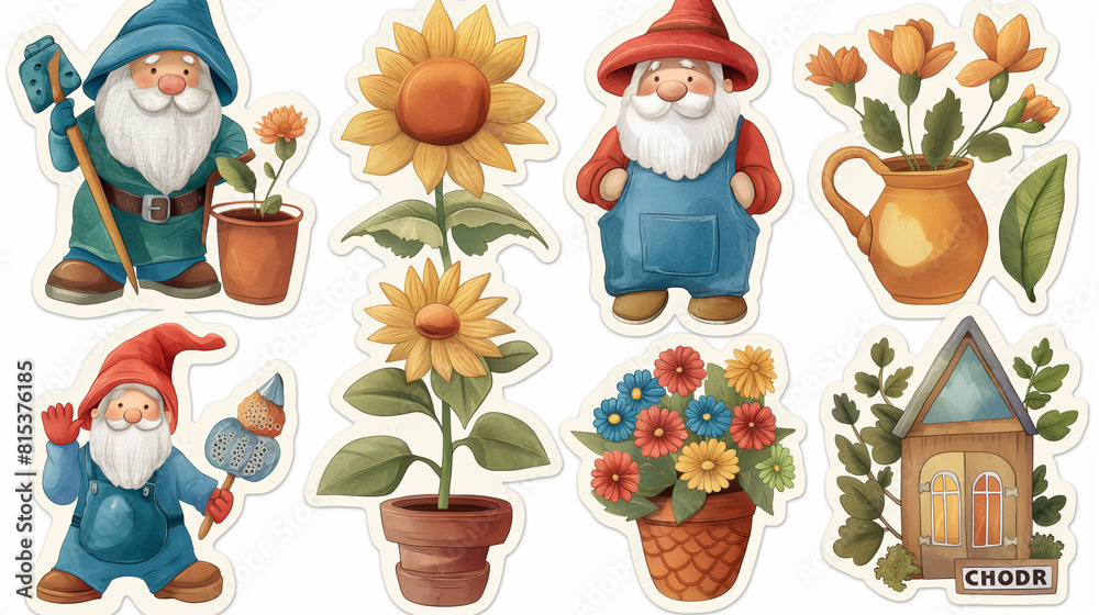 Naklejka premium Set of cute cartoon gnomes with garden tools and flowers.
