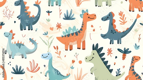 Colorful dinosaurs frolic in a whimsical plant filled landscape