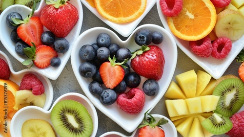 Following a cholesterol friendly diet and embracing the nutritional benefits of healthy foods which include a variety of fresh fruits served on heart shaped plates all under the careful guid