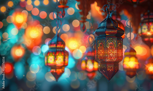 Colorful lanterns illuminate with a warm glow against a twilight cityscape backdrop. Generate AI