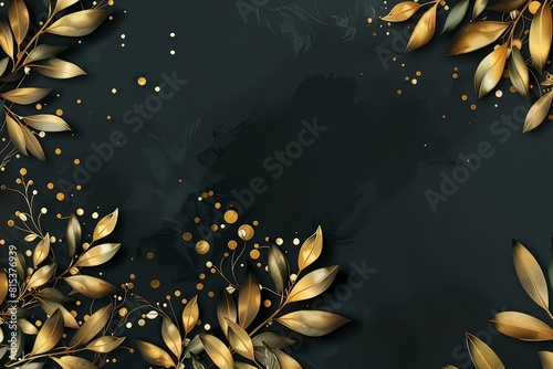 Golden olive flower branches on elegant dark background. Wedding invitations, greeting cards, wallpaper, background, printing, poster, social ads, banner photo