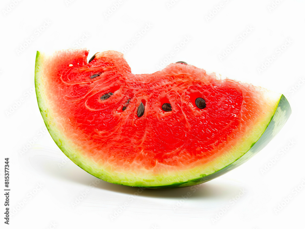 A slice of watermelon is shown on a white background. A slice of watermelon is shown on a white background.