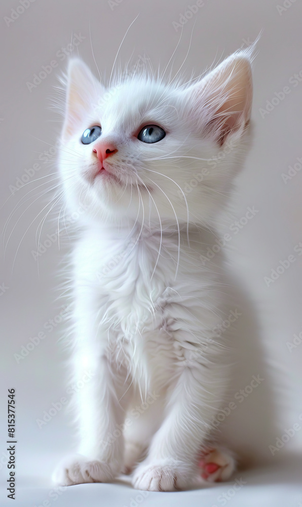 A white kitten with blue eyes looking up.