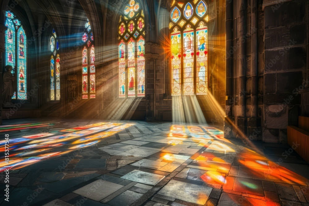 A majestic cathedral with sunlight streaming through intricate stained glass windows, casting colorful patterns on the stone floor, Generative AI A majestic cathedral with sunlight streaming through intricate stained glass windows, casting colorful patterns on the stone floor, Generative AI