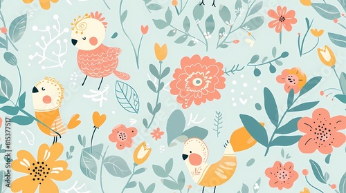 Colorful pattern with whimsical birds and flora