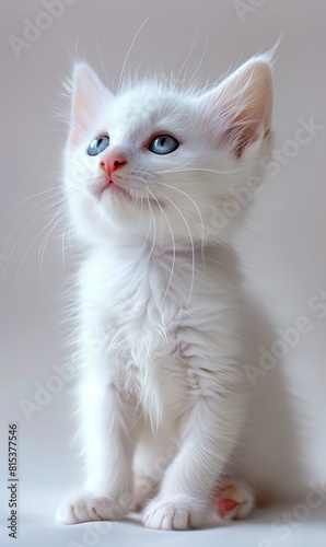 A white kitten with blue eyes looking up.