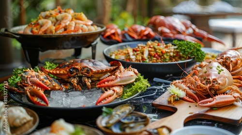 This image presents an elaborate seafood dinner featuring crabs, shrimps, mussels on ice, freshly prepared for a feast