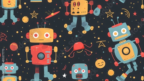 Colorful robots and space elements on a dark background