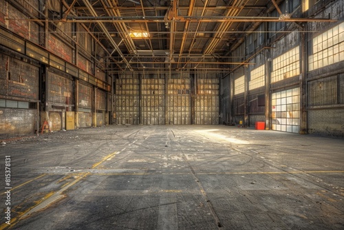 Empty industrial warehouse with weathered walls  exposed beams  and scattered debris