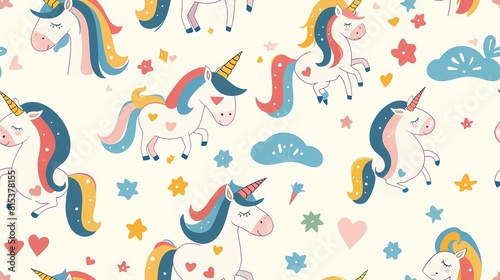 Colorful unicorns and stars pattern on a light background