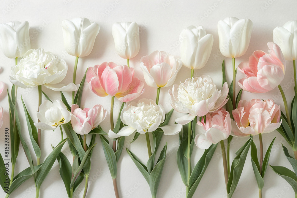 Obraz premium Artfully arranged spring flowers Contains tulips and peonies in delicate shades of pink and white. Neatly arranged on a light background