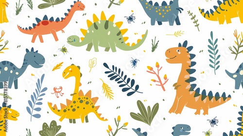 Colorful whimsical dinosaurs frolic amid a playful prehistoric garden