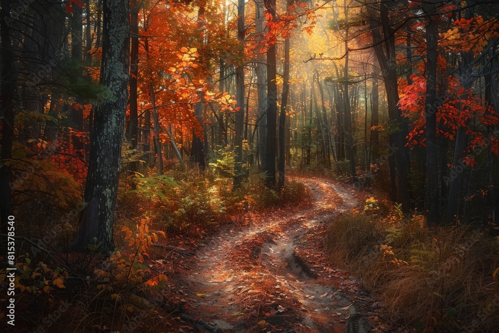 Obraz premium Winding trail through a forest ablaze with vibrant autumn foliage