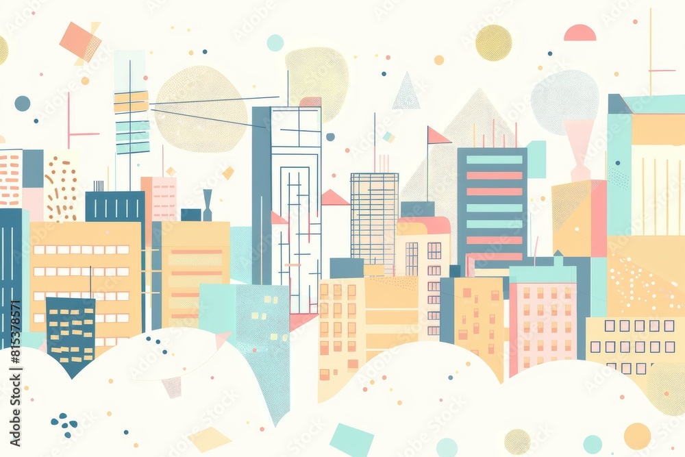 Cartoon cute doodles of a minimalist cityscape featuring basic geometric shapes representing skyscrapers and a few dots for windows, Generative AI