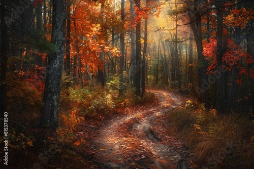 Winding trail through a forest ablaze with vibrant autumn foliage © authapol