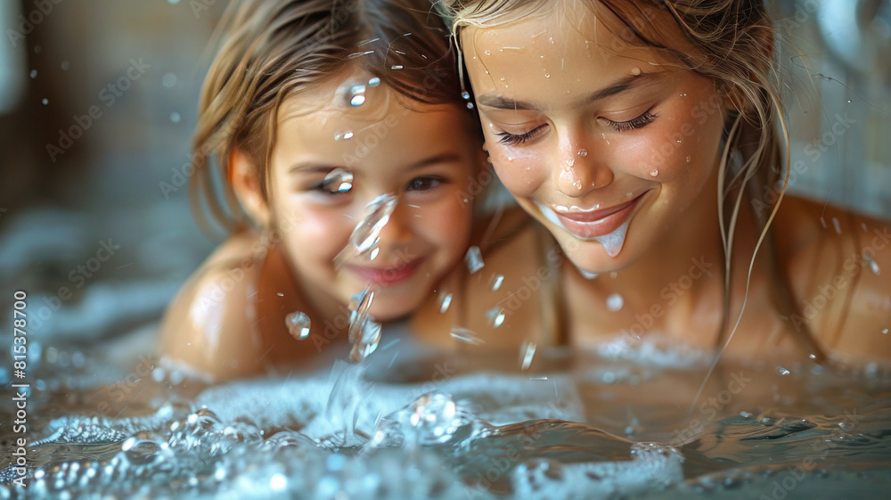 Obraz premium mother with daughter in the bathroom, and playing with water from the tap,generative ai