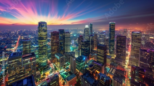 Dramatic urban skylines at twilight or nightfall, with illuminated skyscrapers, streaks of colorful lights against the darkening sky