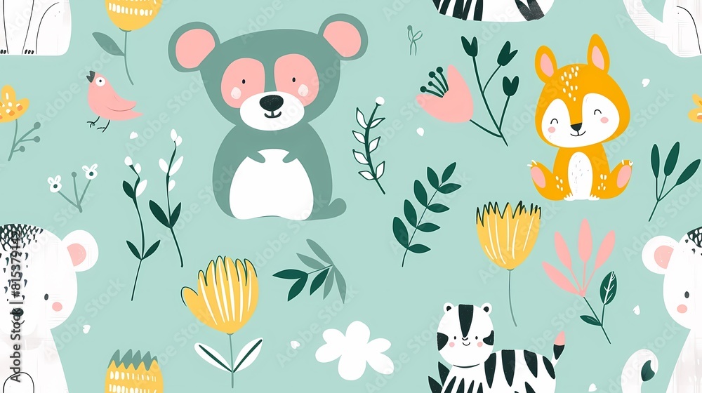 Cute woodland animals and floral patterns in a whimsical illustration Cute woodland animals and floral patterns in a whimsical illustration