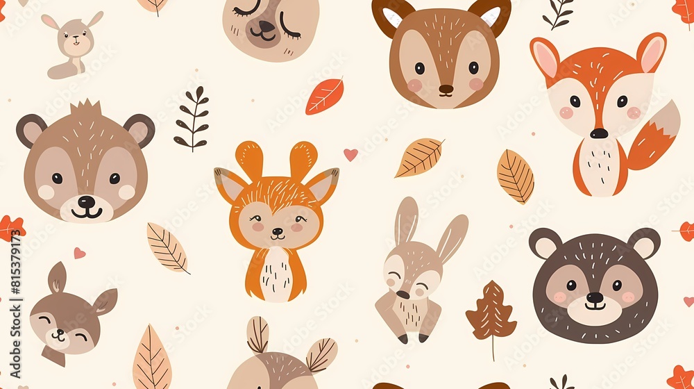 Obraz premium Cute woodland creatures pattern with leaves and twigs