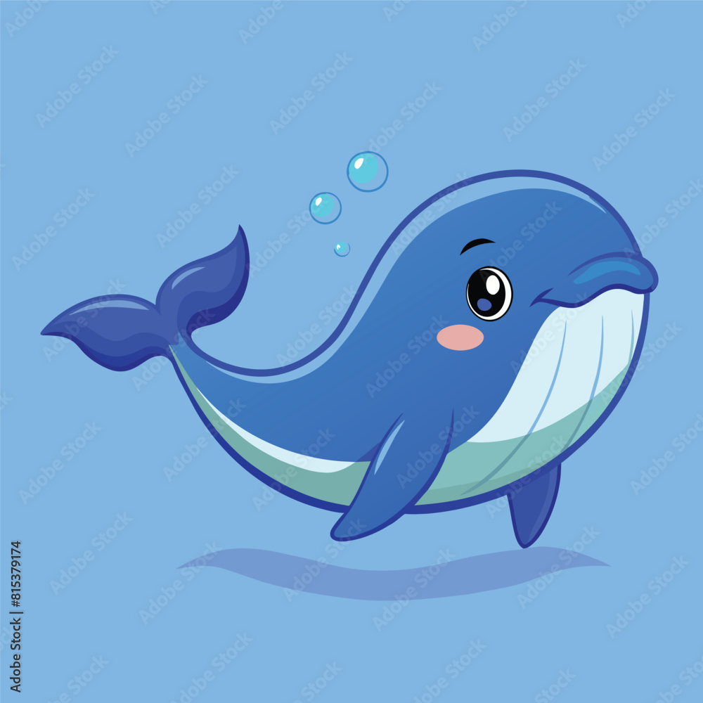 Fototapeta premium Cute Blue Whale Swimming Cartoon Vector Icon Illustration Animal Nature Icon Isolated Flat Vector