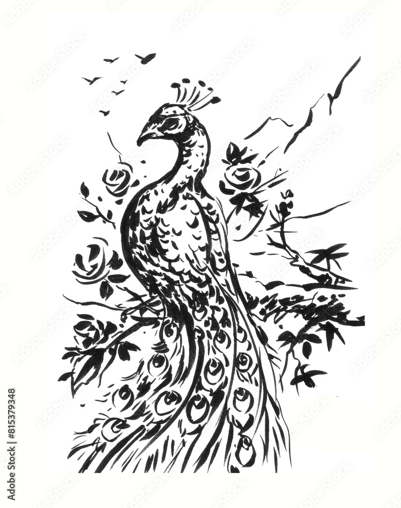Fototapeta premium illustration of a peacock pen drawing for card decoration illustration