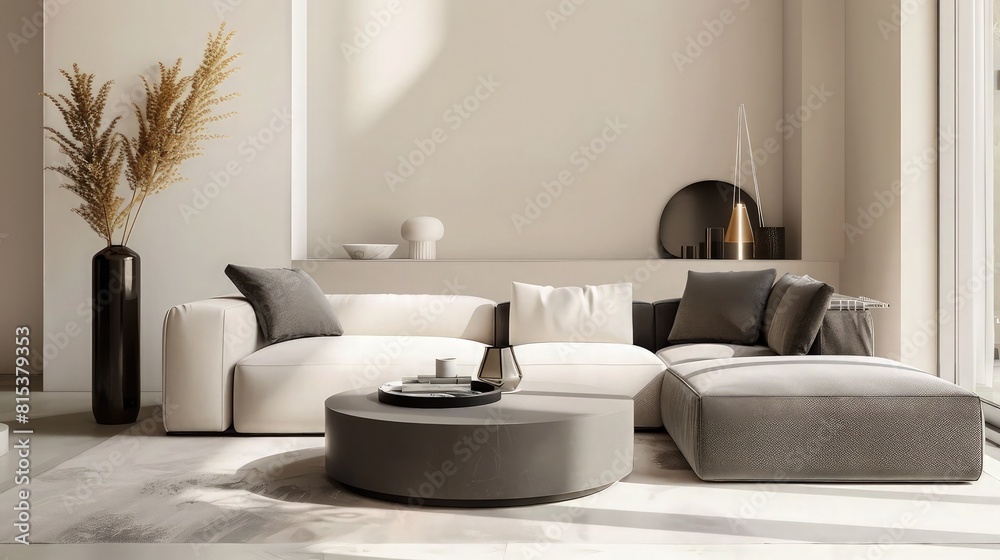 Fototapeta premium Minimalist soft fabric sofa placed alongside a tall floor vase adds warmth to this serene contemporary living space which features a solid light wall backdrop.