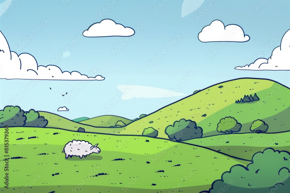 Cartoon cute doodles of a minimalist countryside scene featuring rolling hills and a couple of sheep grazing in a field, Generative AI Cartoon cute doodles of a minimalist countryside scene featuring rolling hills and a couple of sheep grazing in a field, Generative AI