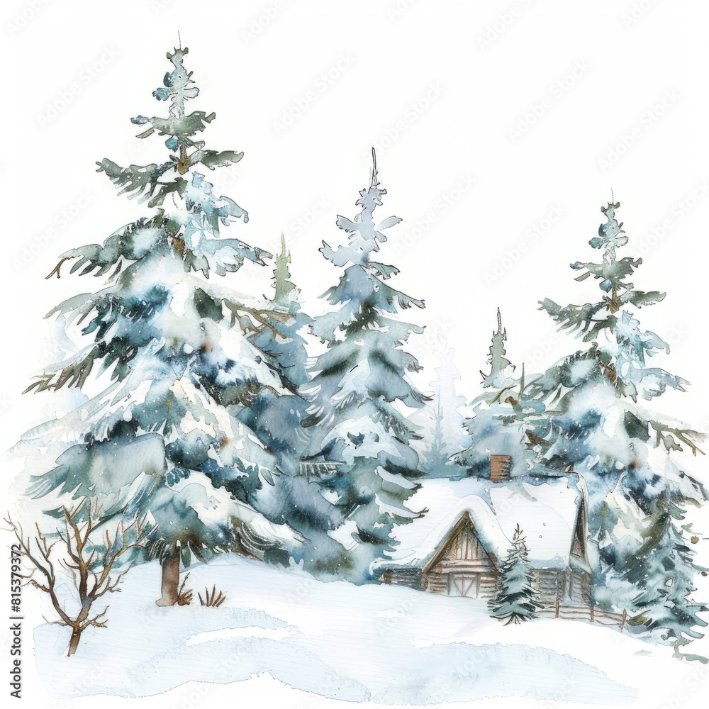 Obraz premium Watercolor painting of a serene winter wonderland with snow-covered trees and a cozy cabin, on isolated white background, Generative AI