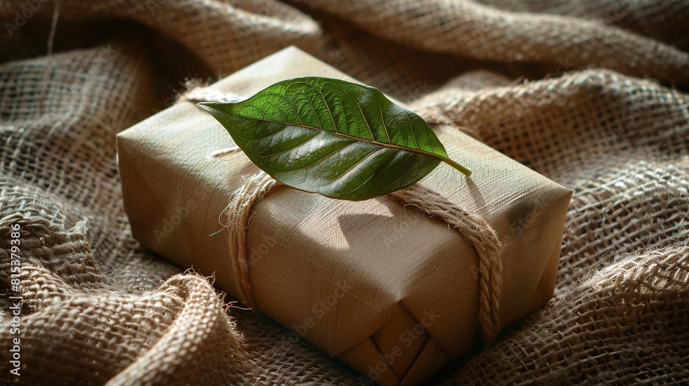 Eco-Friendly Gift Wrapped in Brown Paper with Green Leaf and Twine, Natural and Rustic, Top-Down View, Sustainable and Stylish Packaging Eco-Friendly Gift Wrapped in Brown Paper with Green Leaf and Twine, Natural and Rustic, Top-Down View, Sustainable and Stylish Packaging
