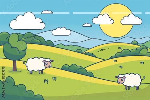 Cartoon cute doodles of a minimalist countryside scene featuring rolling hills and a couple of sheep grazing in a field  Generative AI