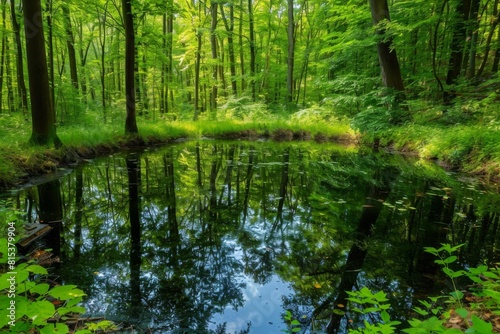 A serene forest pond surrounded by vibrant foliage and mirrored reflections