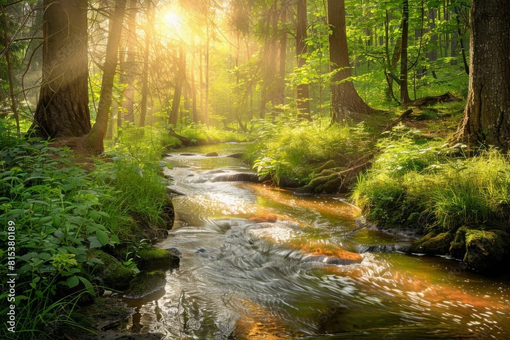 Fototapeta premium A tranquil forest stream winding through a sun-dappled glade alive with magical energy