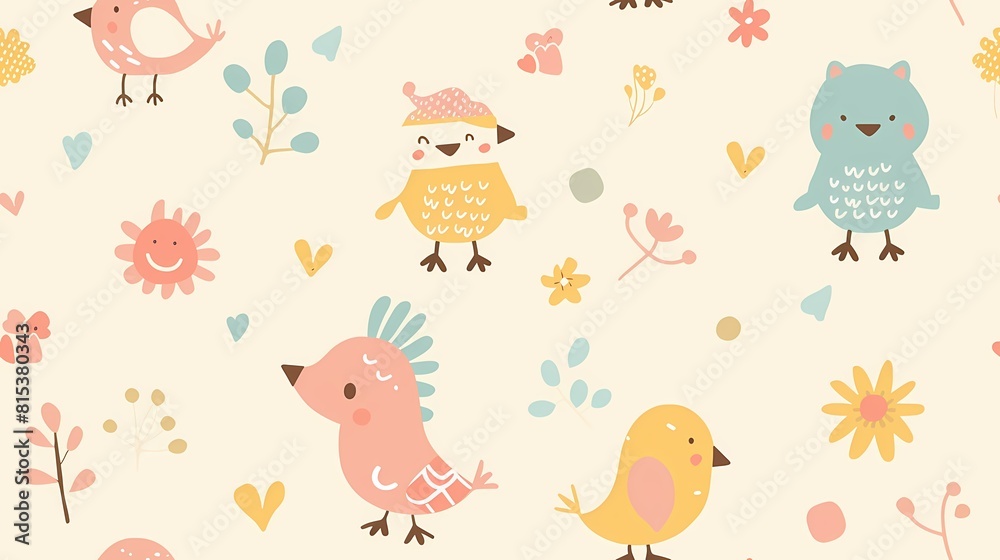 Whimsical birds and floral patterns in a pastel backdrop Whimsical birds and floral patterns in a pastel backdrop