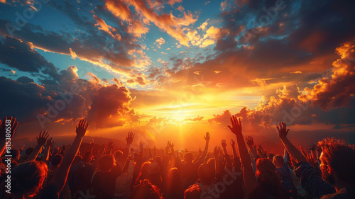 Hands to heaven, group of people with their hands up looking at the sunset,generative ai
