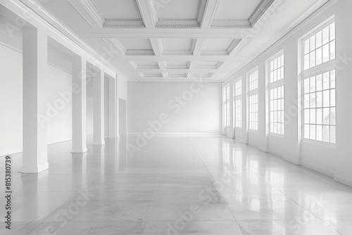Minimalist empty indoor room with white walls, clean lines, and minimal decor, creating a sense of spaciousness and tranquility