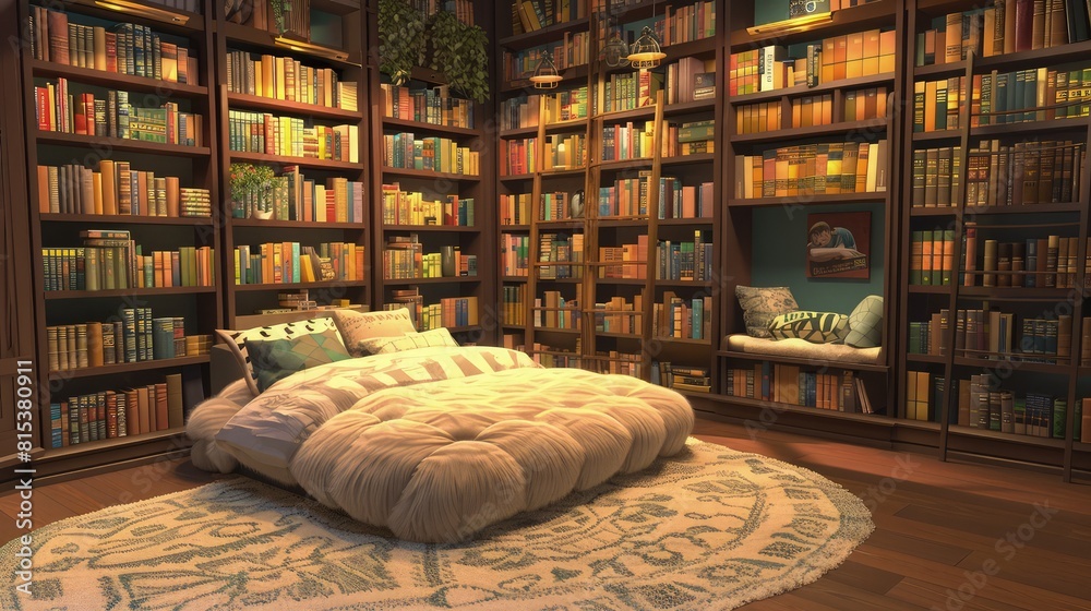 beautiful cozy bedroom with fluffy bed and many books shelfs beautiful tanager room 