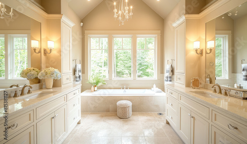 Master bathroom with large windows  white cabinets and tub next to the window  light tan walls. Created with Ai