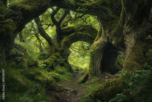 An enchanted forest grove with ancient trees and hidden fairy dwellings