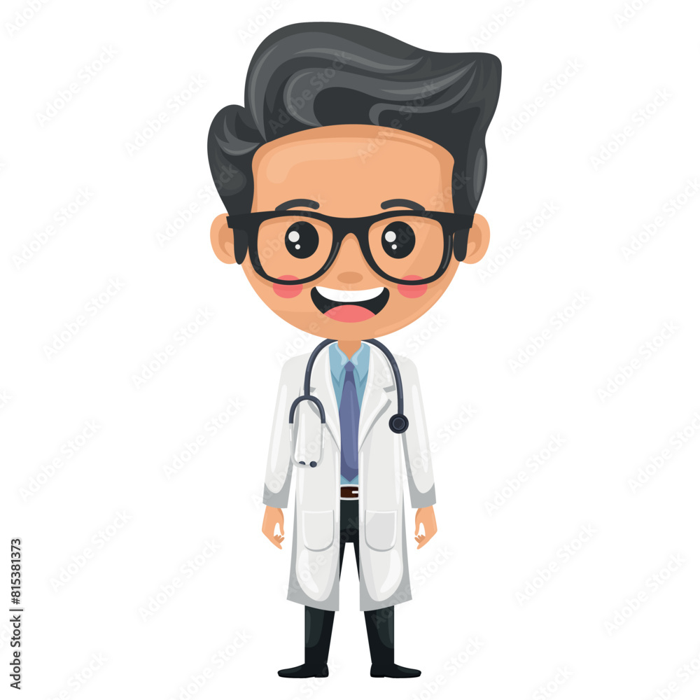 Doctor character cartoon with a stethoscope. Health and medicine concept. Health professional to perform a checkup or medical examination on a patient. Research, science and technology in health Doctor character cartoon with a stethoscope. Health and medicine concept. Health professional to perform a checkup or medical examination on a patient. Research, science and technology in health
