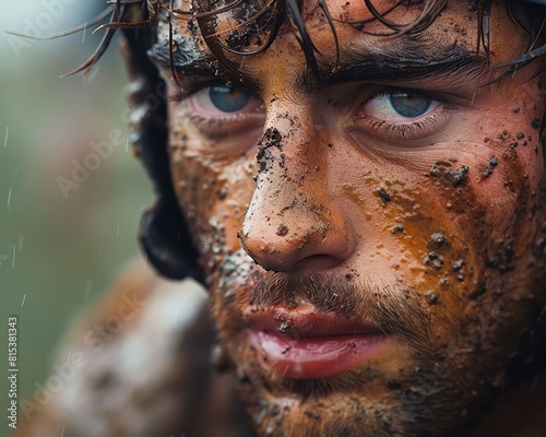 A rugby player in a gritty  mudsplattered uniform  featured in a tough sportswear ad