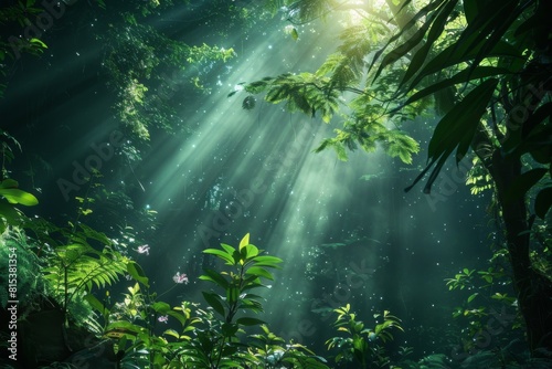 An enchanted forest scene with shafts of sunlight breaking through the dense canopy