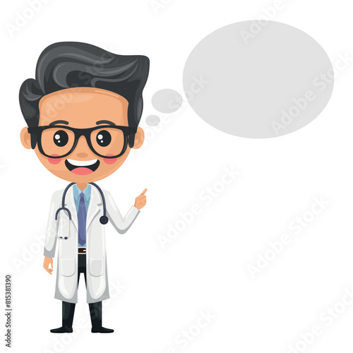 Cartoon doctor character with a stethoscope thinking with space for text for advertising, presentations, brochures. Health and medicine concept. Research, science and technology in health