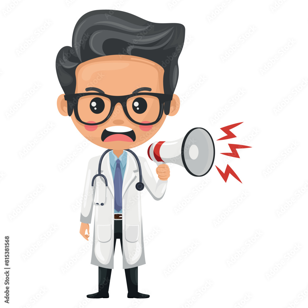 Annoyed cartoon doctor making an announcement with a megaphone. Health and medicine concept. Health professional to perform a medical examination. Research, science and technology in health Annoyed cartoon doctor making an announcement with a megaphone. Health and medicine concept. Health professional to perform a medical examination. Research, science and technology in health