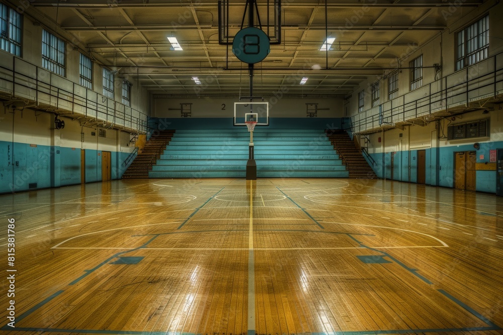 Indoor empty gymnasium basketball court with hoops, bleachers, and polished hardwood floors, symbolizing athleticism, competition