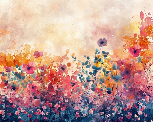 An abstract watercolor background with fluid, colorful layers and elements suggesting a dreamlike landscape © pongneng111