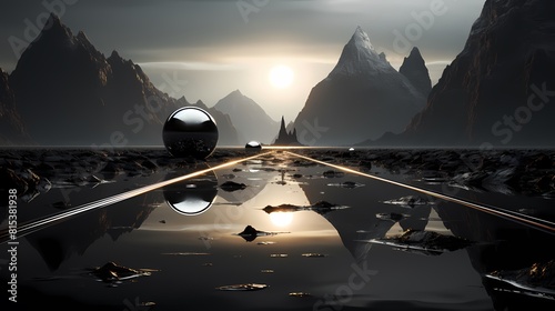 Digital technology silver black mountains sea white ball scene poster background