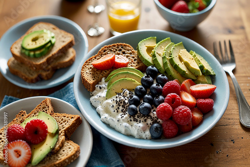 Breakfast spread featuring vitamin-enriched foods such as fortified cereals, Greek yogurt with added probiotics, fresh fruit slices, and whole grain toast topped with avocado and a sprinkle of chia se