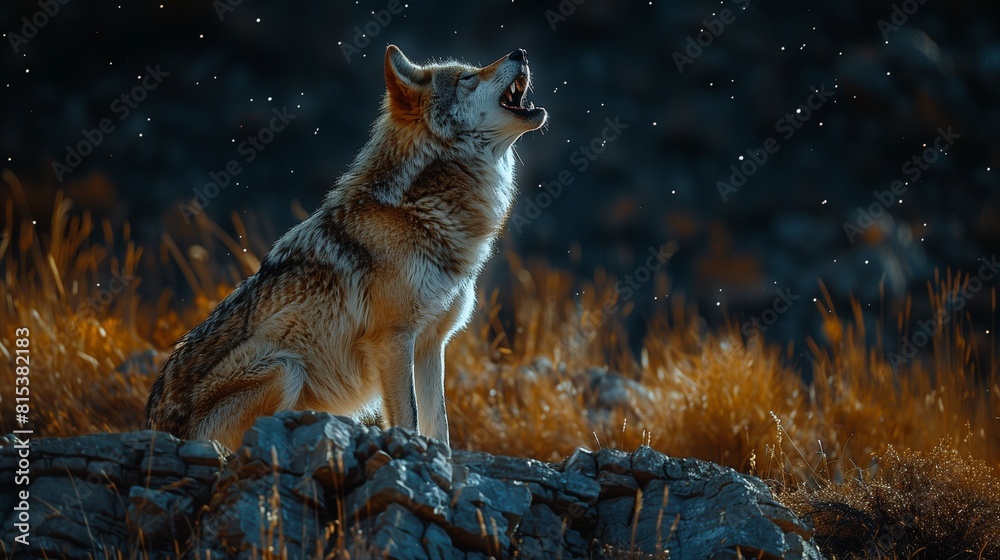 Lone Wolf Howling at Moonlight on a Cliff, Dramatic Night Sky, YouTube Thumbnail, Text Space on Left, Wildlife in Action